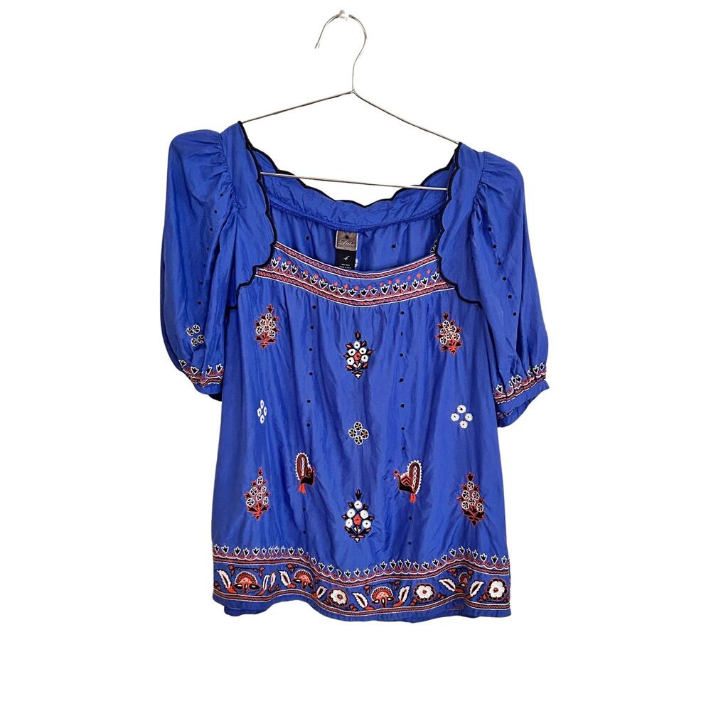 Lithe 100% Silk Blue Peasant Blouse S – Embroidered Boho Top Y2K Era